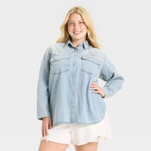 Long Sleeve Star Embroidered Western Shirt - Light Wash 2X